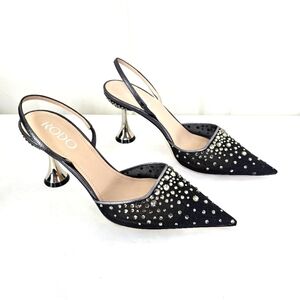 Rodo Black Rhinestone Studded Metal Round Heel Slingback Pumps Size 38